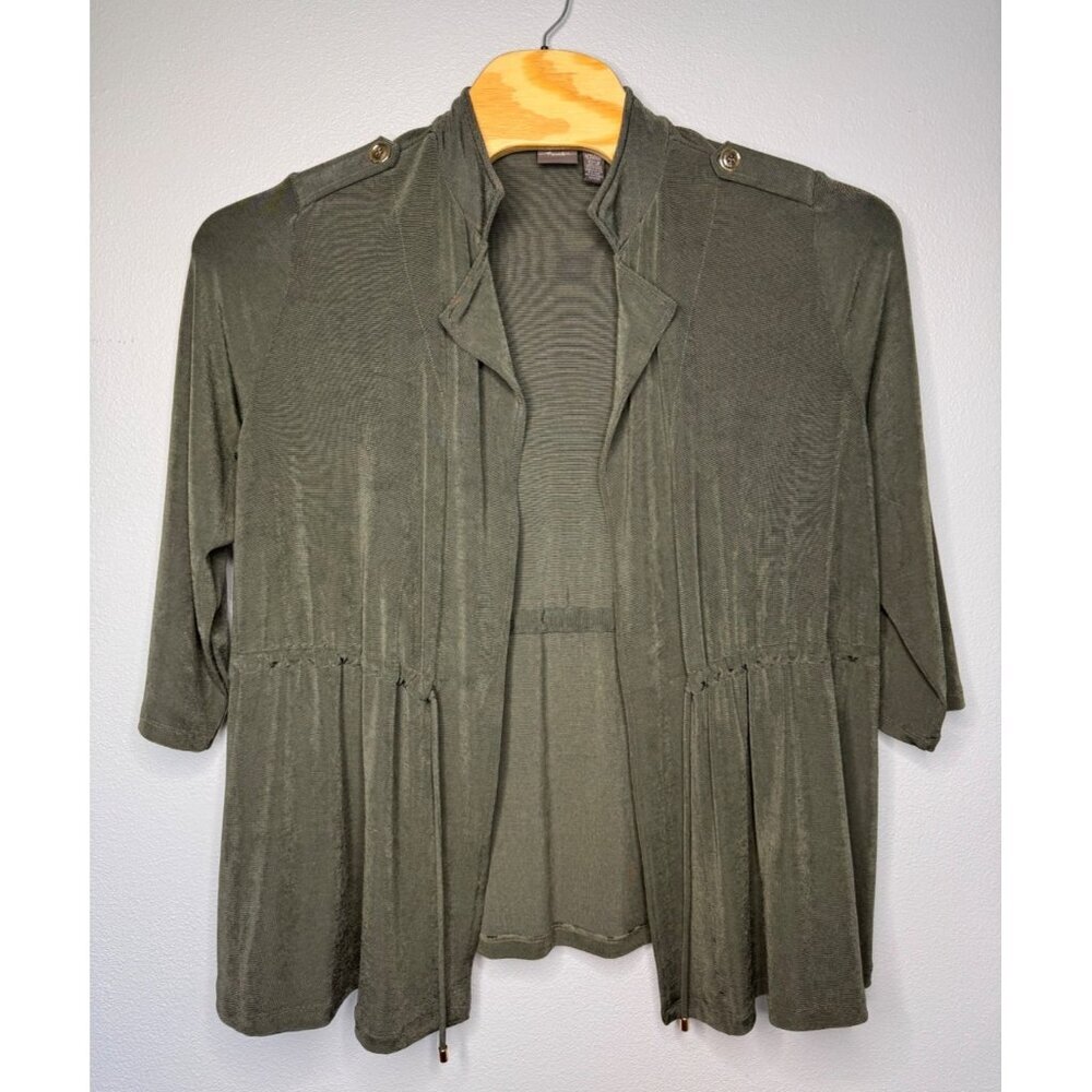 Chicos Women's Travelers Open Front Jacket SZ 2/L Green Mature Travel 3/4 Sleeve